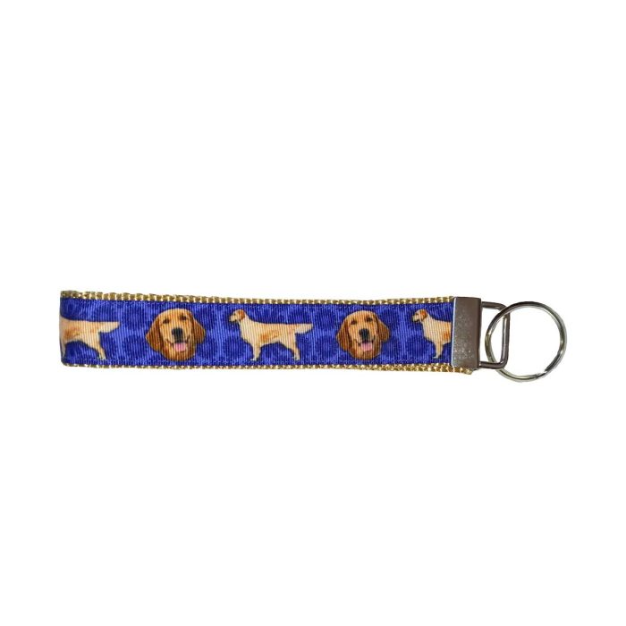 Have you already purchased a collar and leash for your Golden? How about a keychain for yourself? These 1 inch wide by 7 inch long keychains are decorated with a ribbon that depicts Golden Retrievers. These keychains are handmade by someone who lives in the Chicago area. These are not just standard keychains that were purchased and decorated. These keychains are entirely hand made. All seams are double stitched for strength and durability. Do you also need a collar or leash for your dog? These keychains were made to match the leashes and collars that are available for sale by As Good as Gold Blue